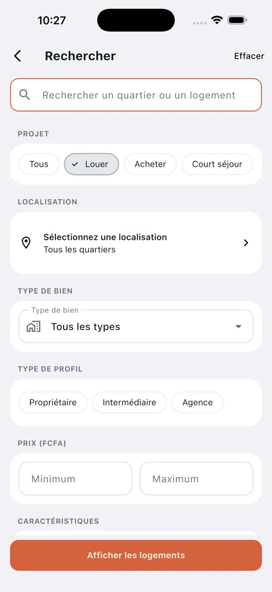 Recherche par quartier, budget et type de bien dans l’application Haya